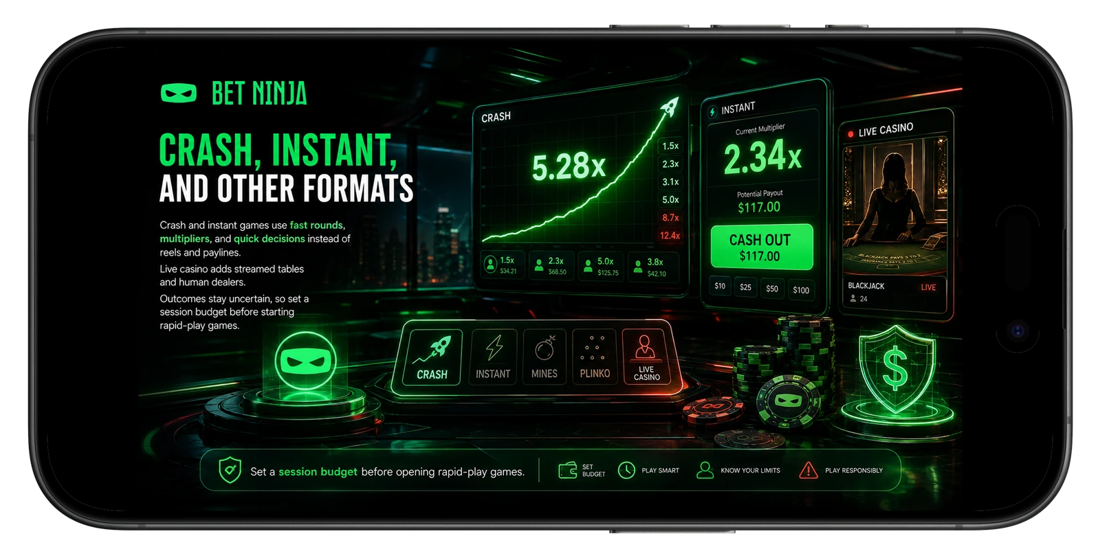 BetNinja Casino Canada Crash and Instant Games Interface on Mobile