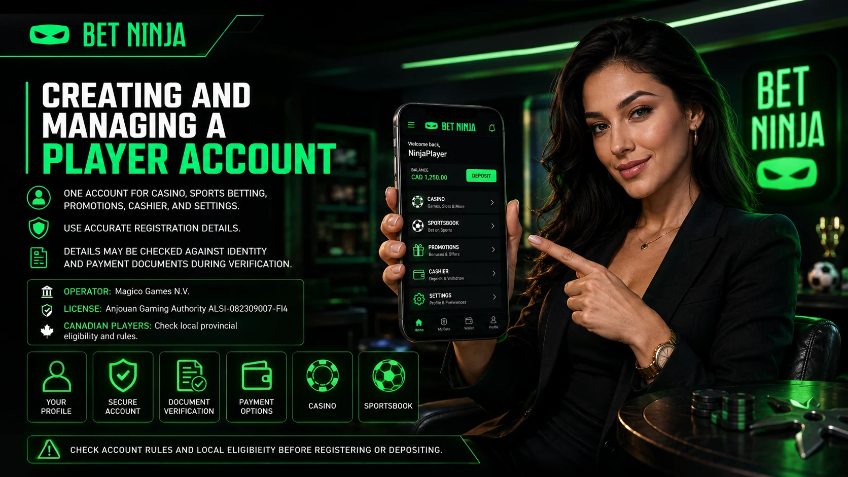 BetNinja player account creation and management guide showing mobile account dashboard and Magico Games NV license