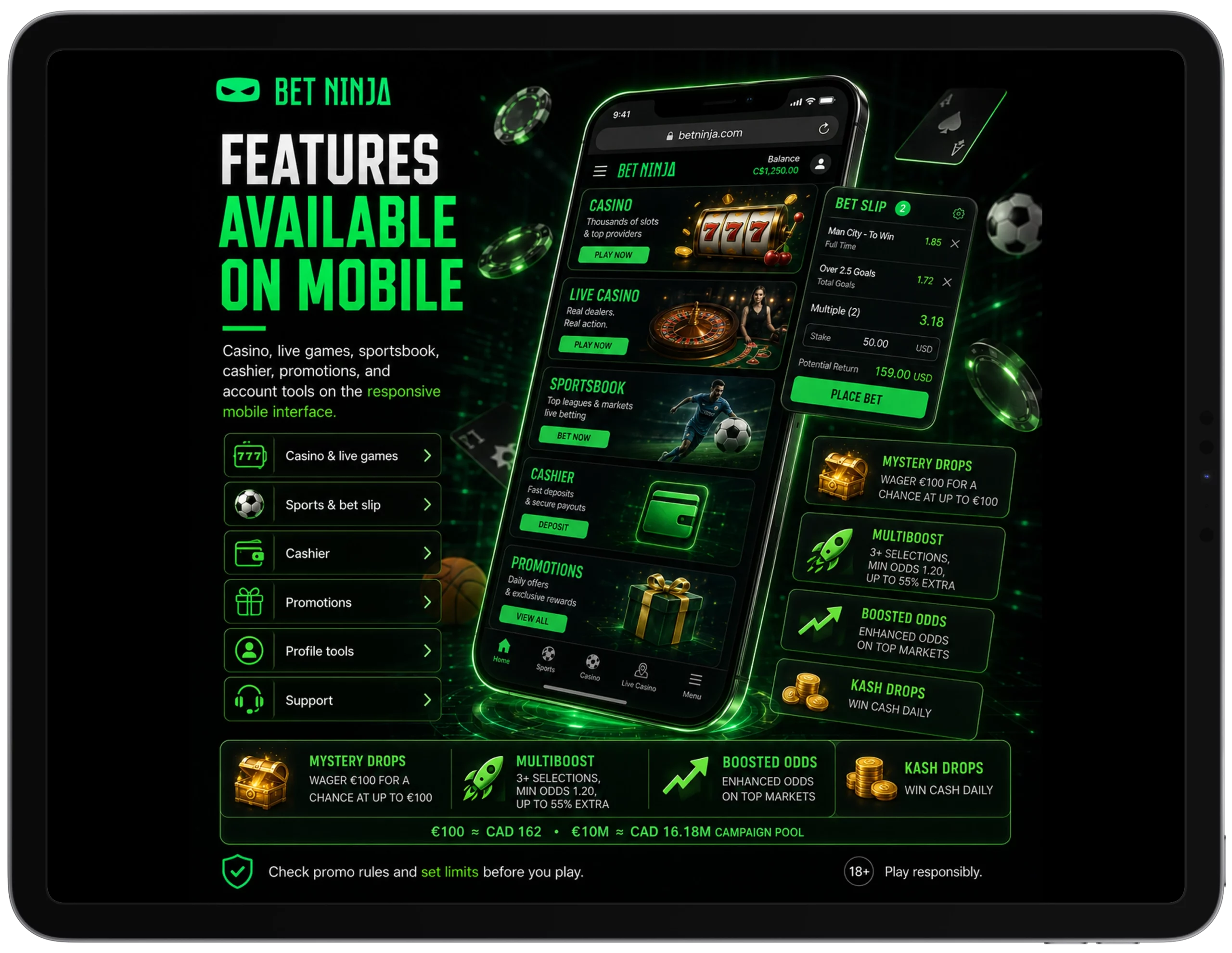 BetNinja mobile features infographic on tablet showing casino games, sportsbook, promotions, and CAD conversions