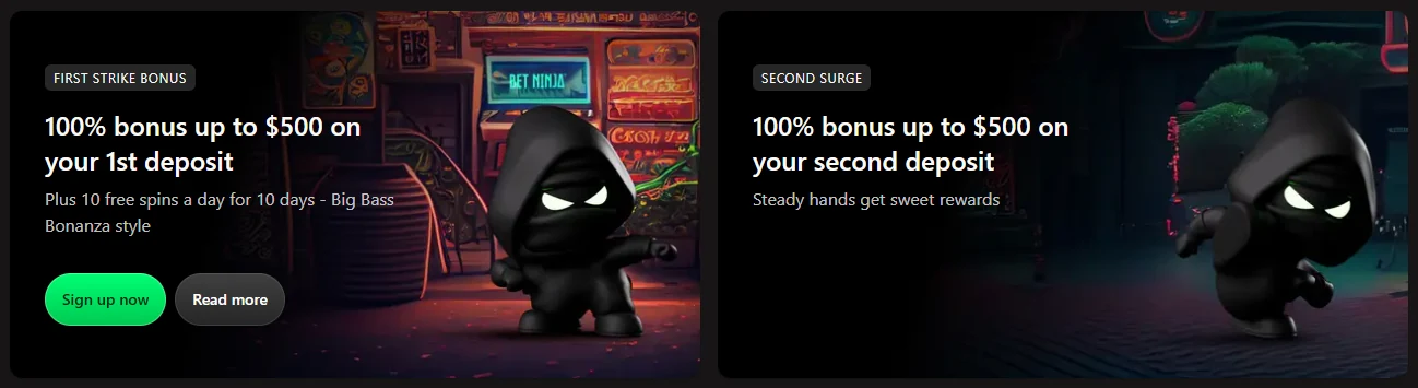 BetNinja first deposit welcome bonuses First Strike and Second Surge promo banner