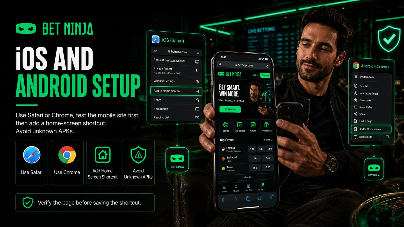 BetNinja iOS and Android home screen shortcut setup instructions with Safari and Chrome browser menus