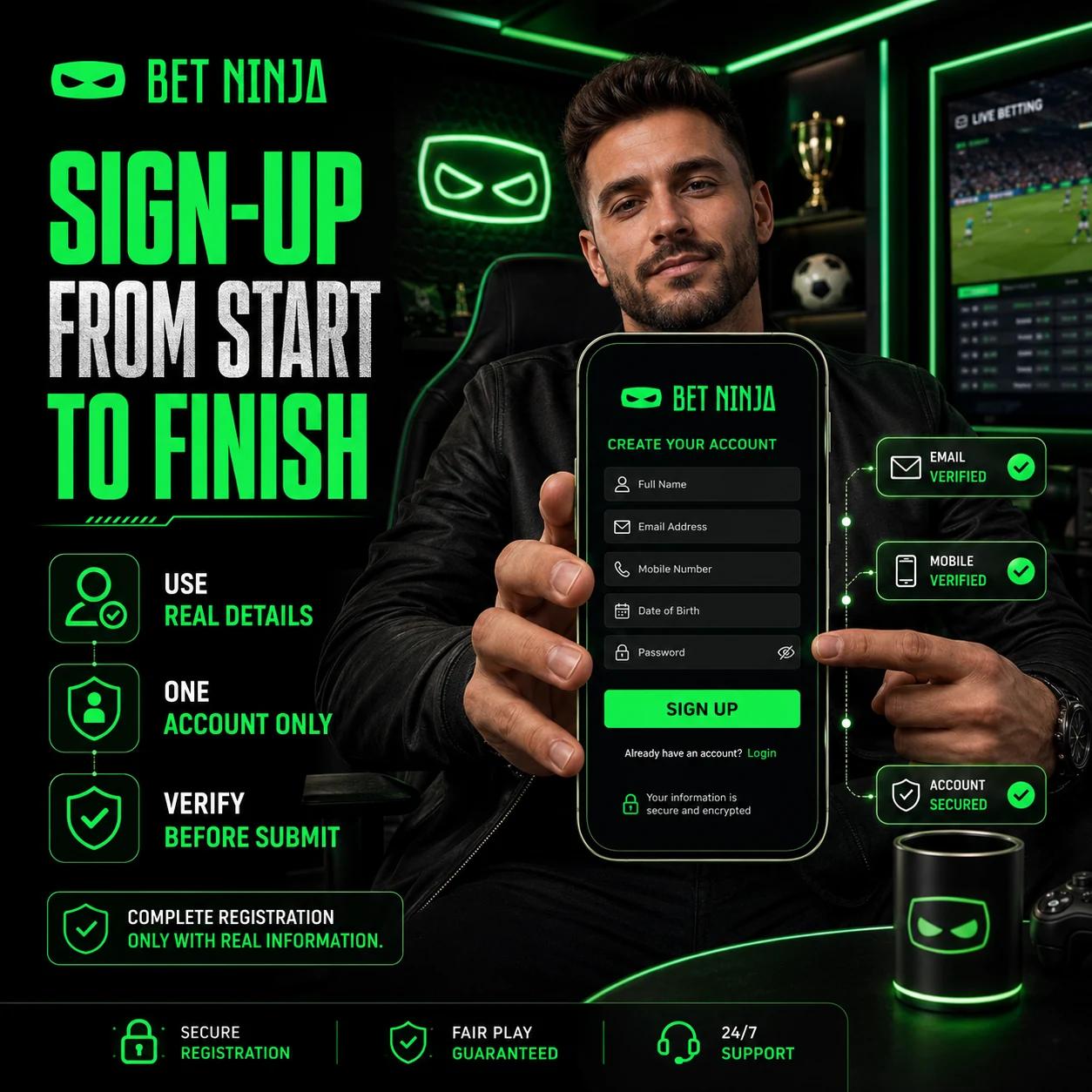 BetNinja step-by-step account registration guide infographic showing mobile sign-up process